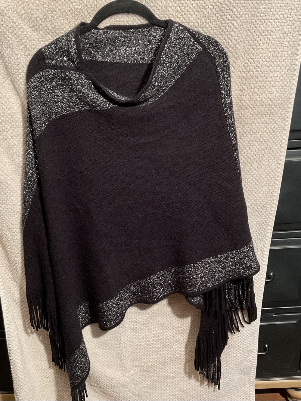 Black and Silver Lurex Fringe Knit Poncho Sweater